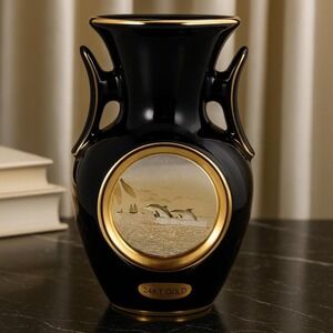 Art of Chokin Dolphin Mini Vase Black Gold Japan 5" Vintage